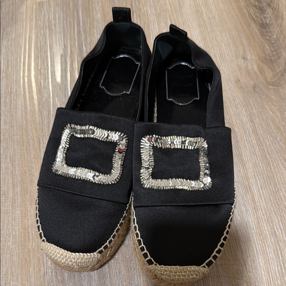 Authentic Black Espadrille Flats with Silver Accents